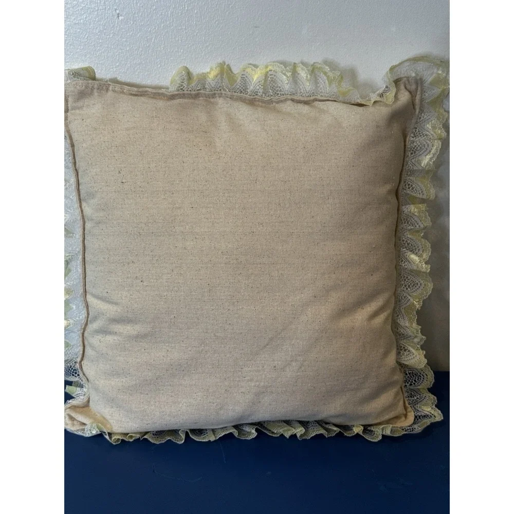 Vintage Crewel Embroidered Floral Throw Pillow Lace Cottagecore
